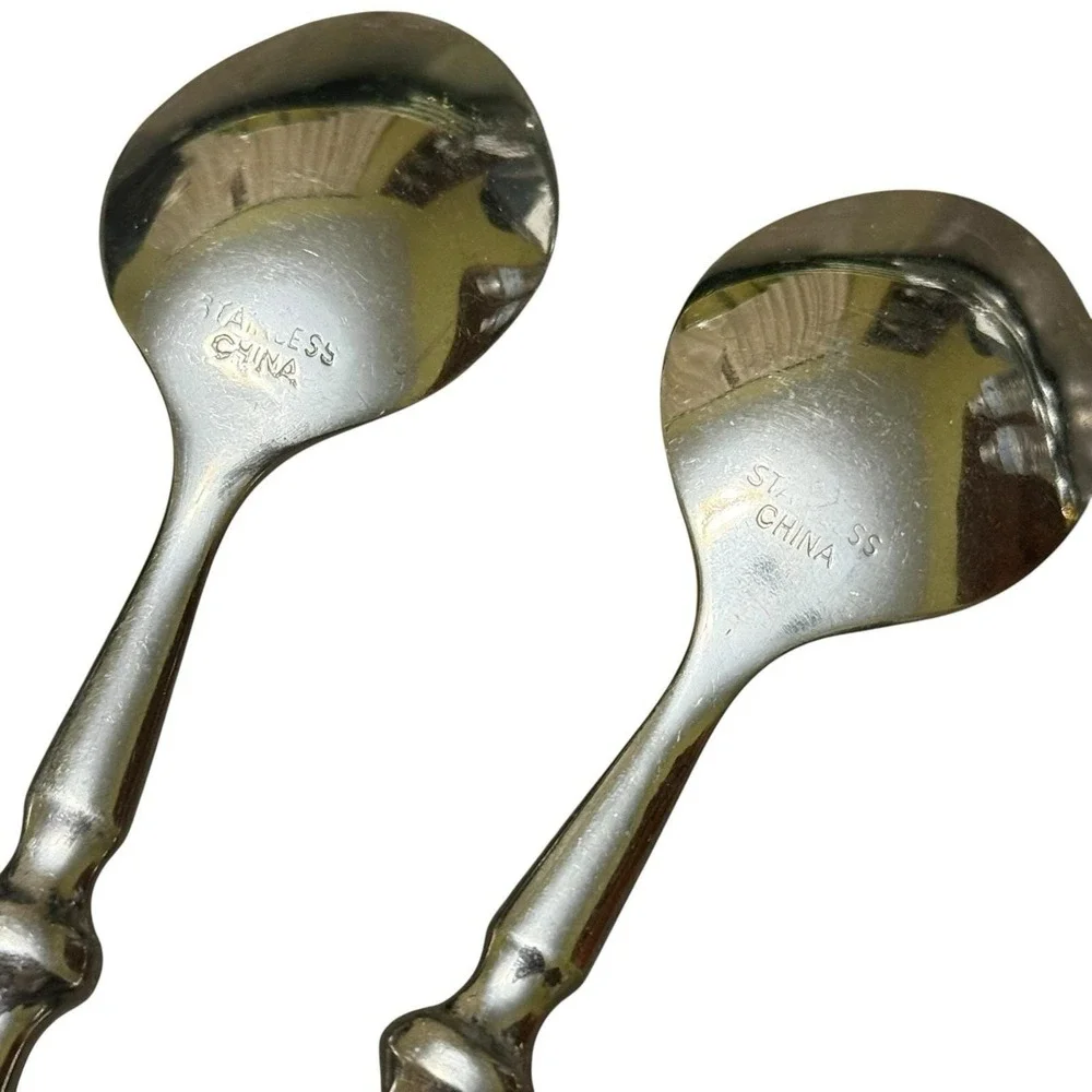 Set 7 Stainless Steel Teaspoons Green Rivet Handle Flatware Vintage